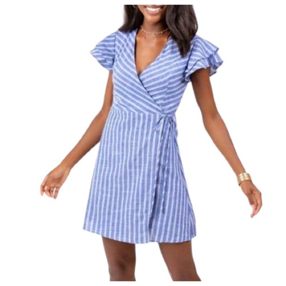 Harper Heritage Francesca's Blue White Striped Wrap‎ Dress Ruffle Sleeve Small